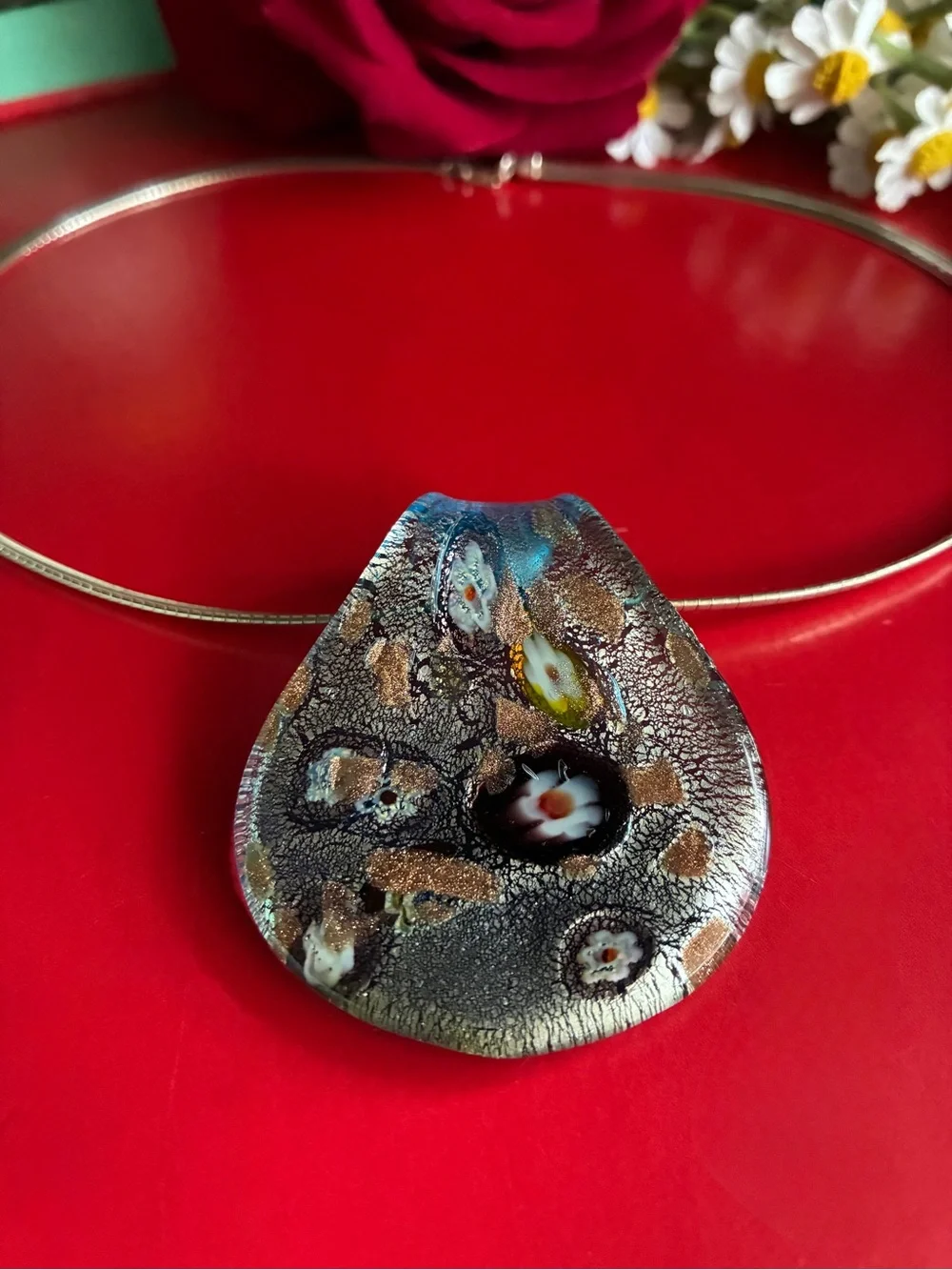 925 Silver Necklace,Handcrafted Multicolor Glass Teardrop Pendant Necklace 16”